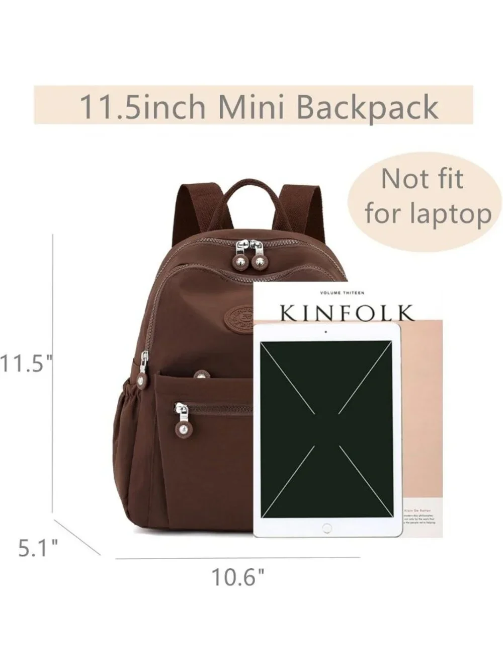 Lightweight Mini Nylon Backpack for Women, Casual Travel Daypack, 11L Brown